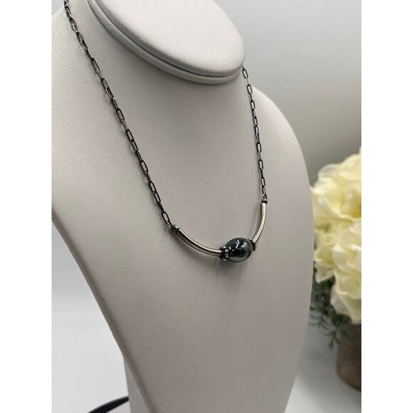 Sterling Silver 925 Artisan Made Chain Center Hematite Bead Accent Necklace - Picture 3 of 11